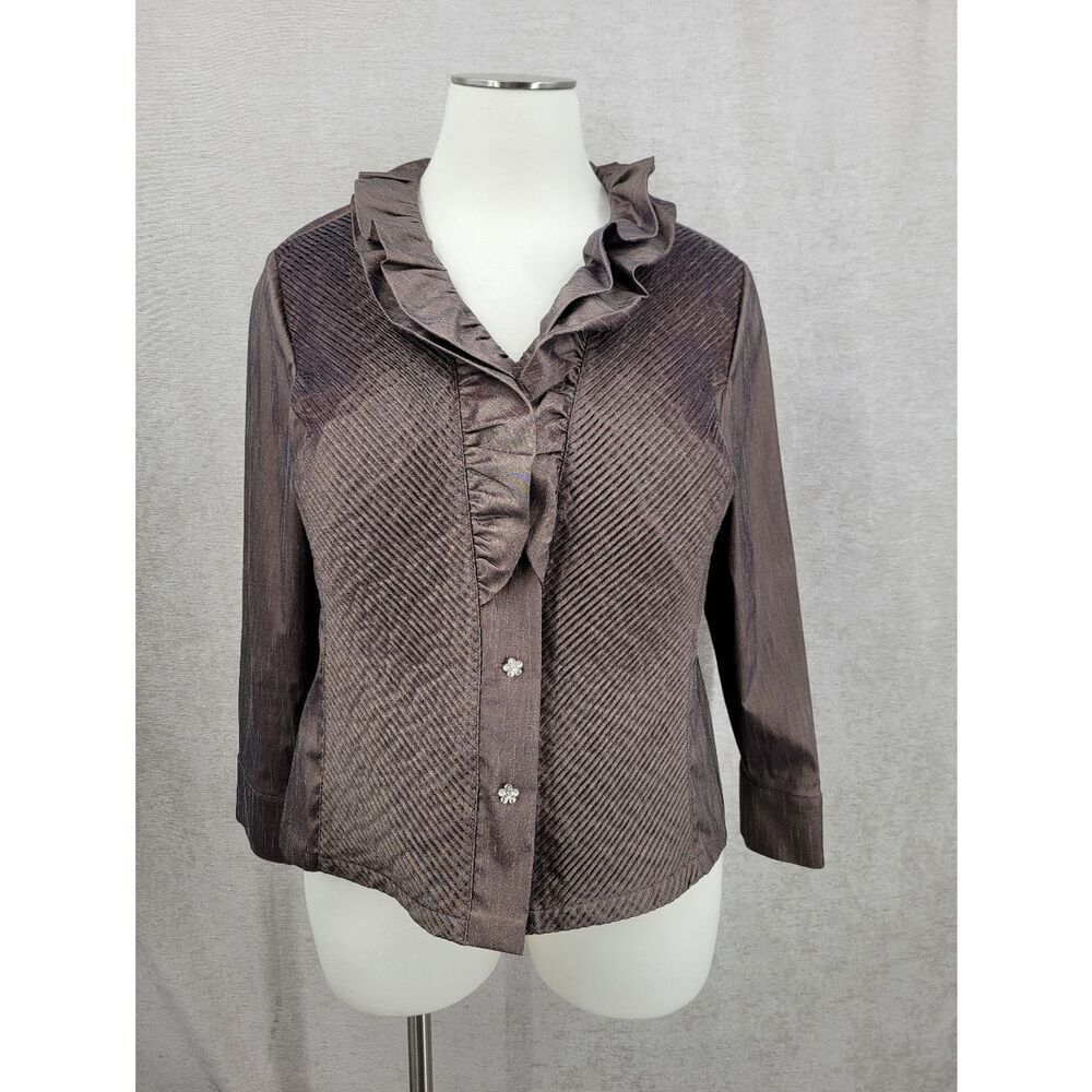 Cachet Vintage Ruffled Button-Front Blouse in Shimmery Bronze